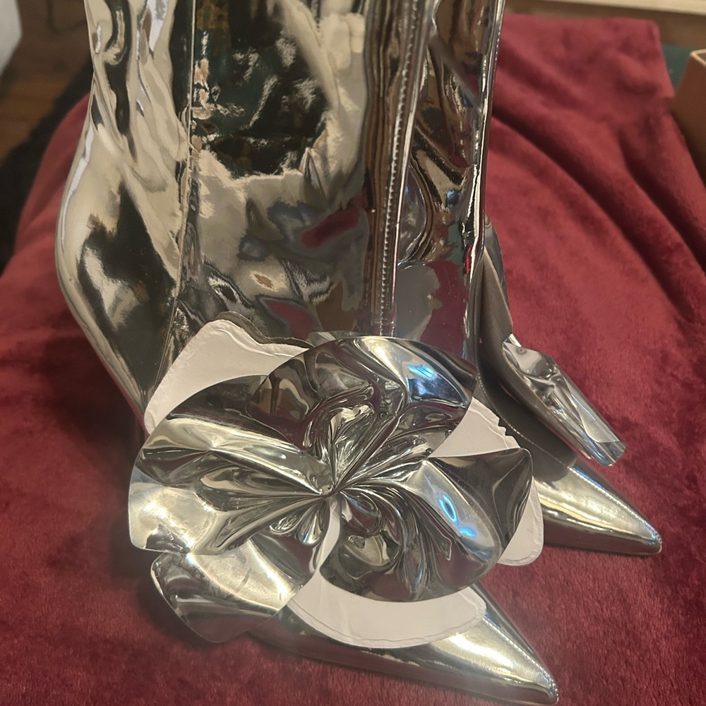 Silver Metallic Pointed Toe Boots with Flower Accent